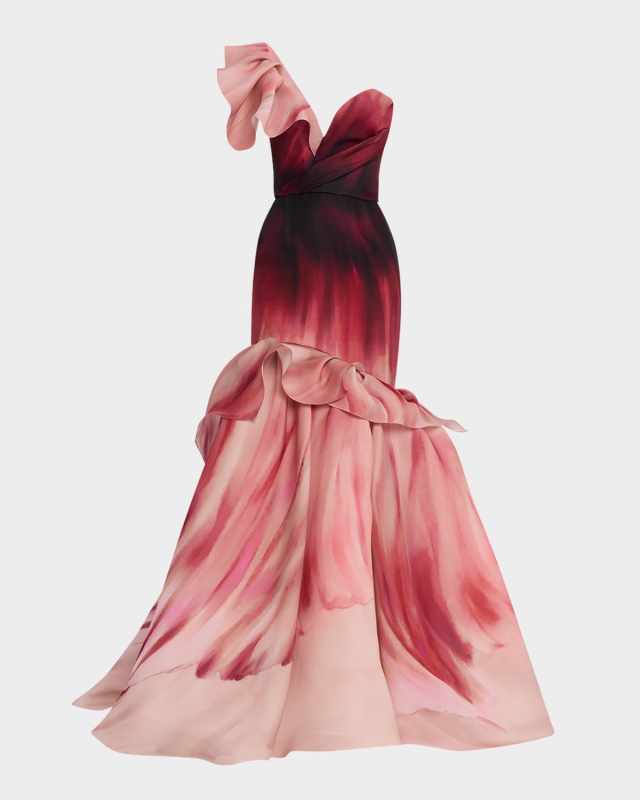 Hand-Painted Floral One-Shoulder Mermaid Gown